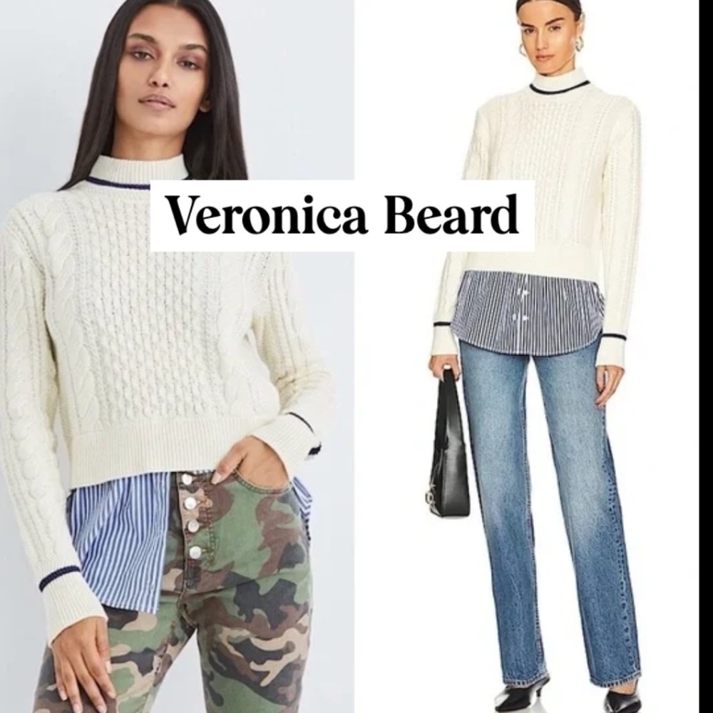 Veronica Beard Cream cable Mock layered sweater, XS, GD1080